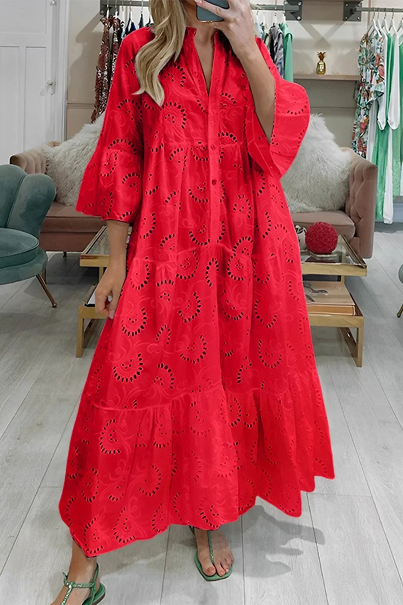 Isabelle | Robe Longue Broderie Anglaise & Manches 3/4
