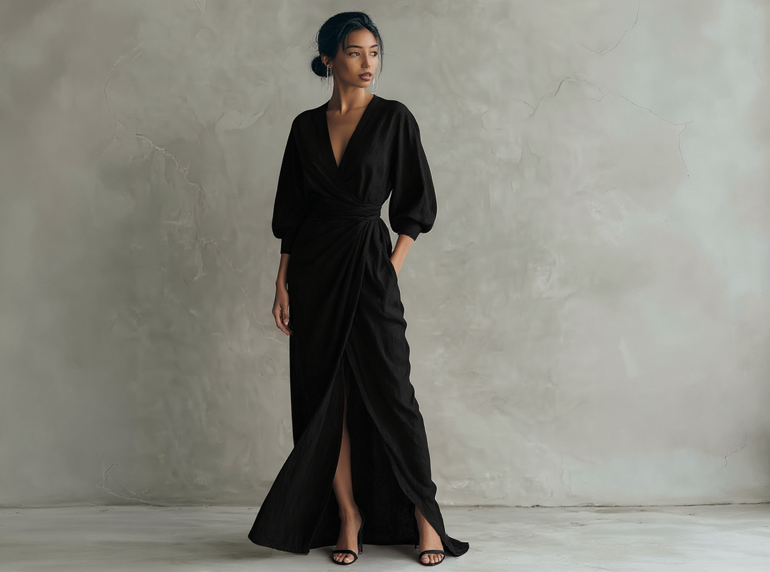 Robe longue minimaliste rose avec décolleté en V en mélange de lin pour femme
