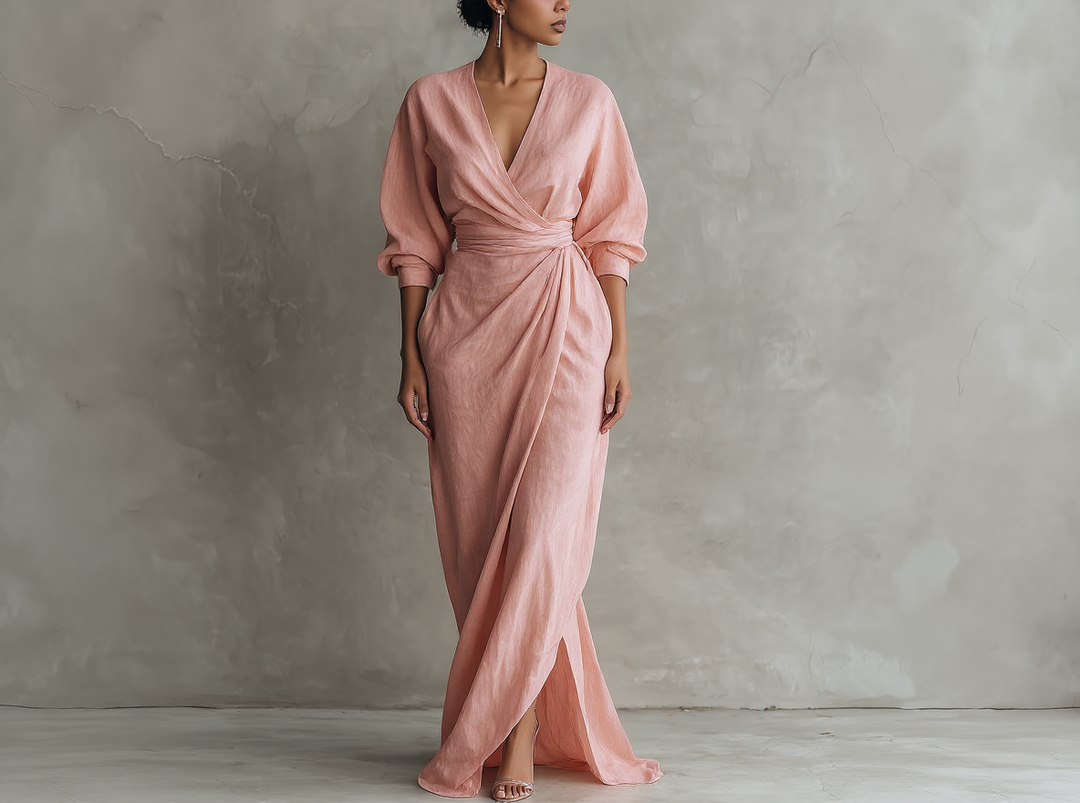 Robe longue minimaliste rose avec décolleté en V en mélange de lin pour femme