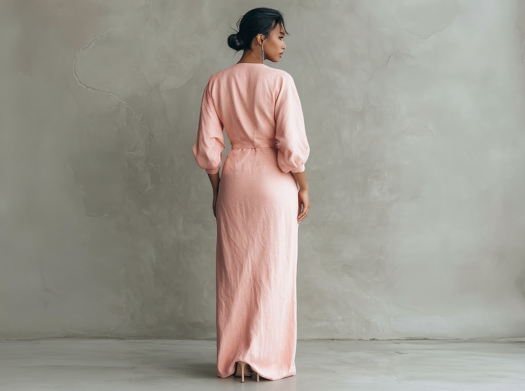Robe longue minimaliste rose avec décolleté en V en mélange de lin pour femme
