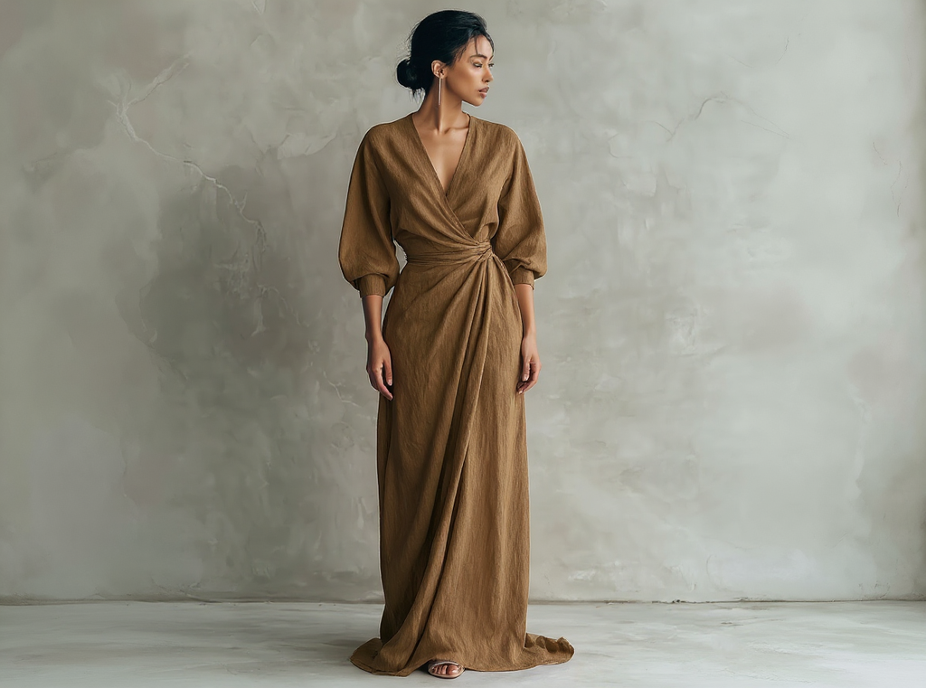 Robe longue minimaliste rose avec décolleté en V en mélange de lin pour femme