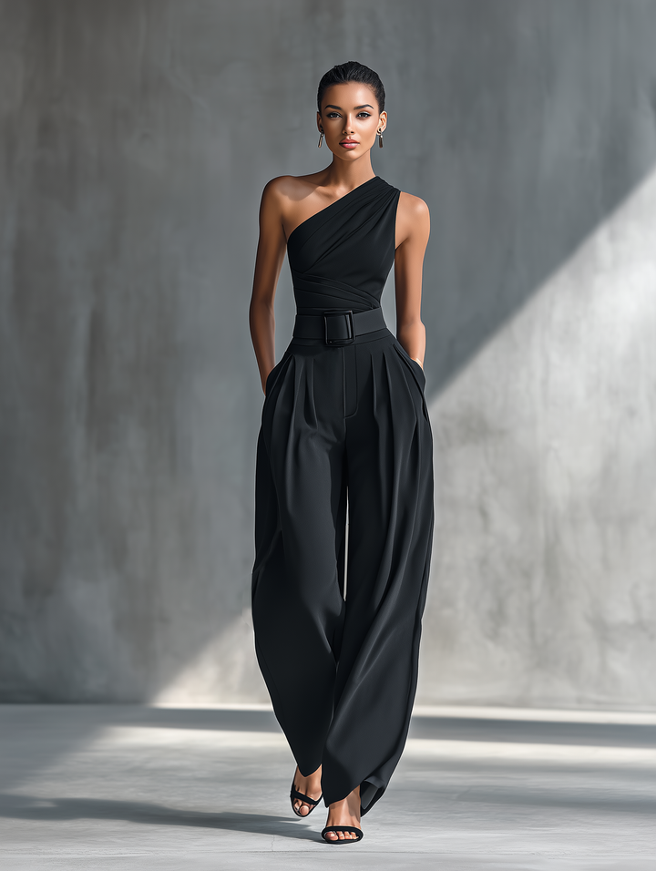 Haut en Tricot Noir à Haute Élastique pour Femmes et Pantalon Large en Acétate