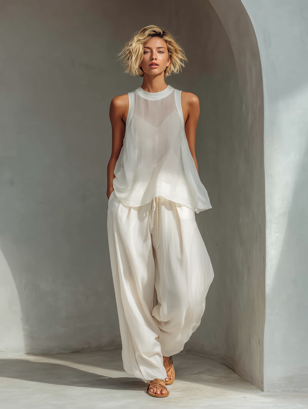 Ensemble Deux Pièces Crème Femme Avec Top Sans Manches En Chiffon Semi-Transparent & Pantalons À Jambe Large En Mélange De Coton Et Lin