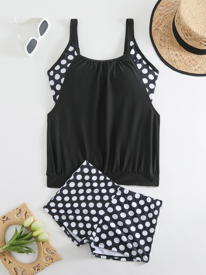 Marina | Tankini Deux Pièces Top Uni & Short Imprimé Pois