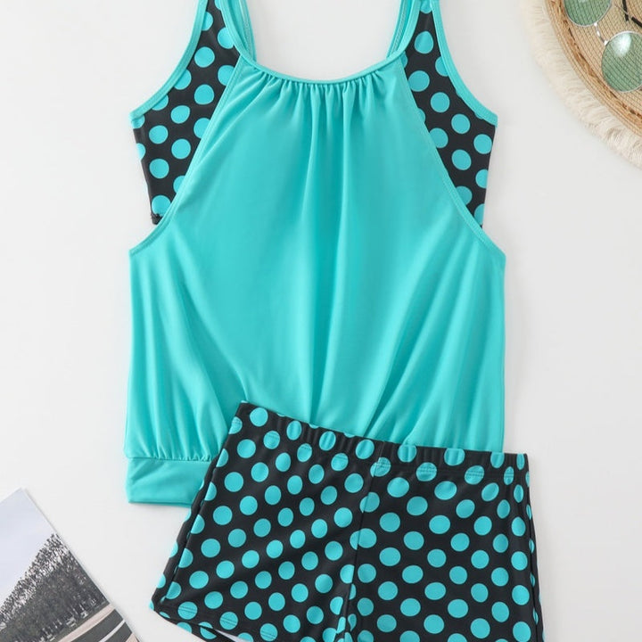 Marina | Tankini Deux Pièces Top Uni & Short Imprimé Pois