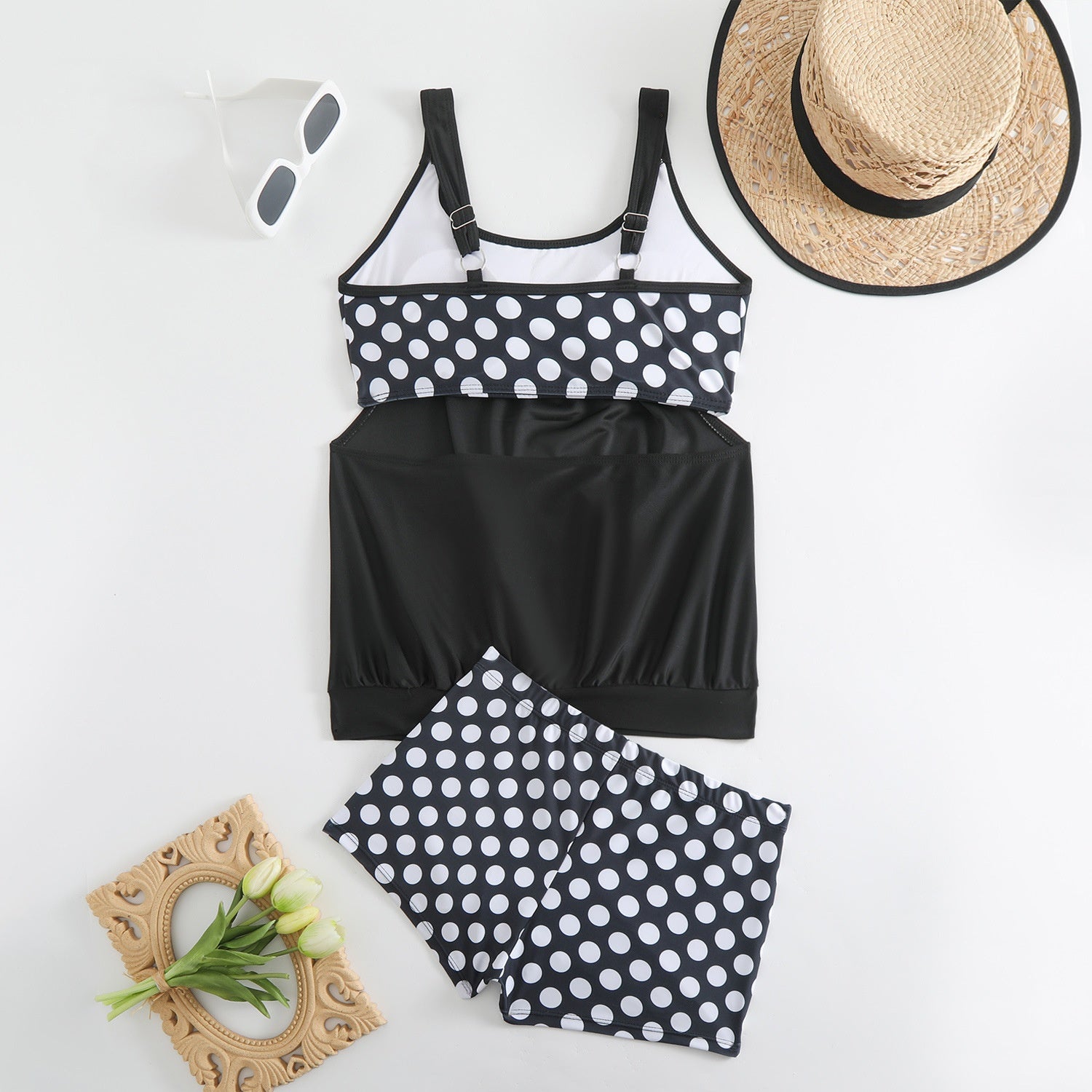 Marina | Tankini Deux Pièces Top Uni & Short Imprimé Pois