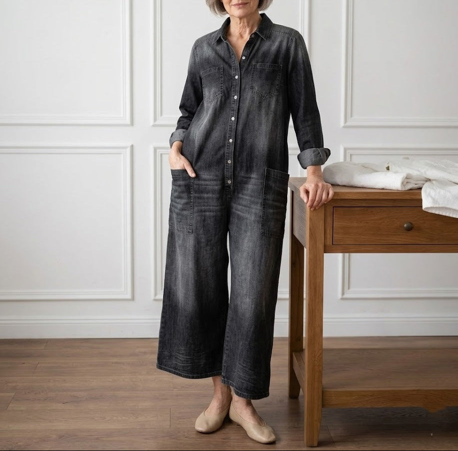 Diana | Salopette en denim doux lavé vintage avec fermeture à boutons
