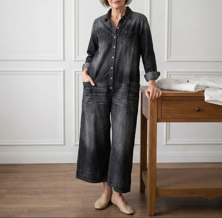 Diana | Salopette en denim doux lavé vintage avec fermeture à boutons