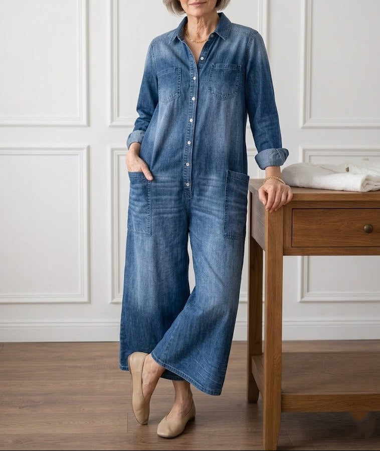 Diana | Salopette en denim doux lavé vintage avec fermeture à boutons