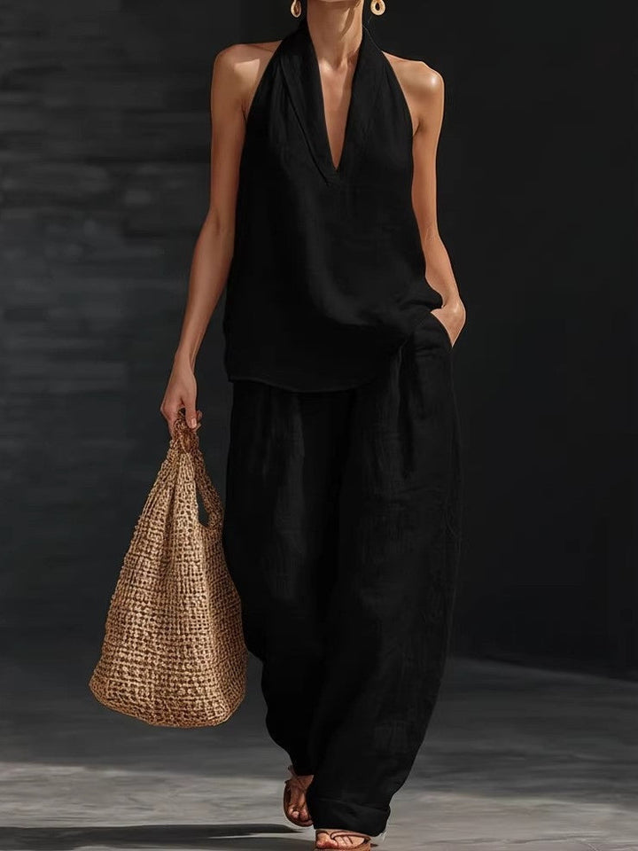 Ensemble Haut sans Manches en V et Pantalons à Jambes Amples Lila