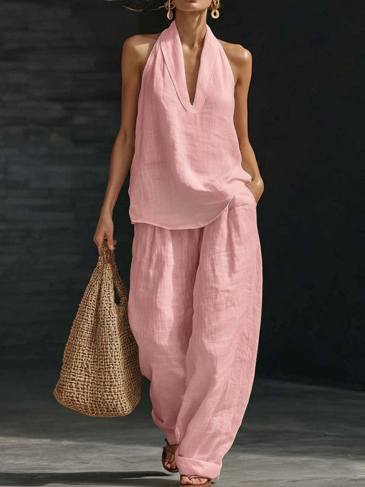 Ensemble Haut sans Manches en V et Pantalons à Jambes Amples Lila